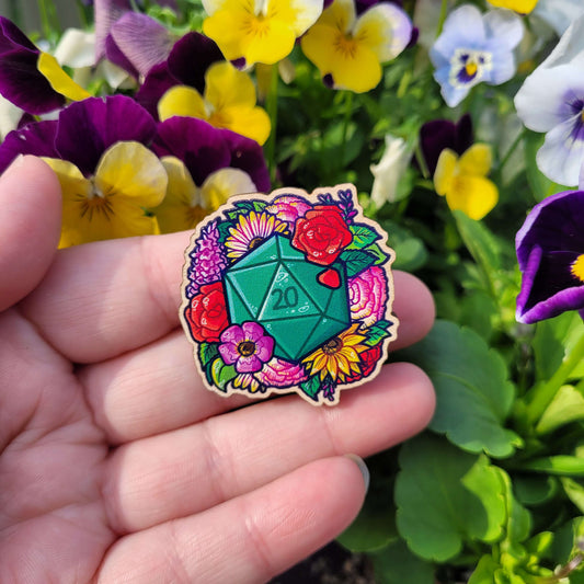 D20 Wood Pin - Flowers