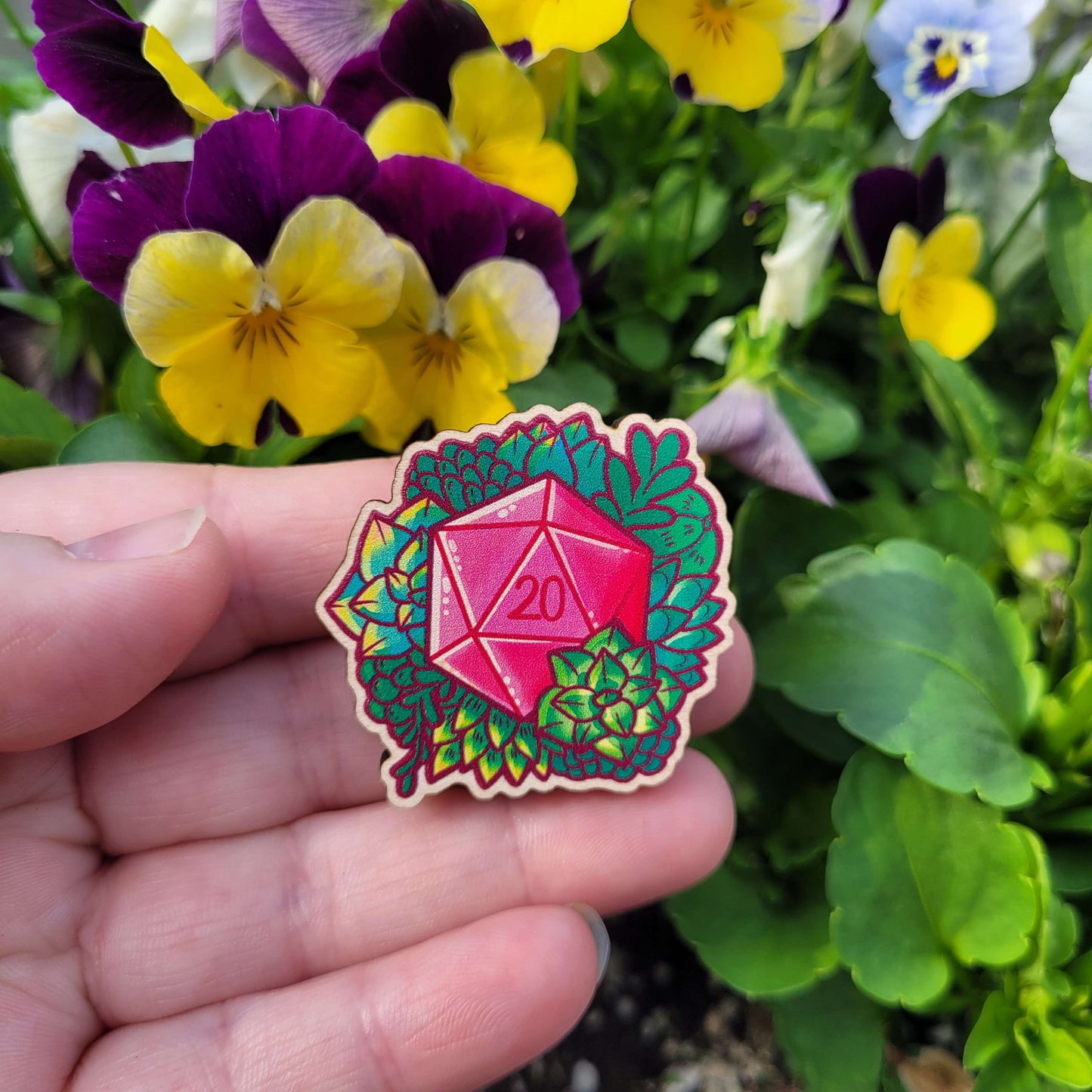 D20 Wood Pin - Succulents